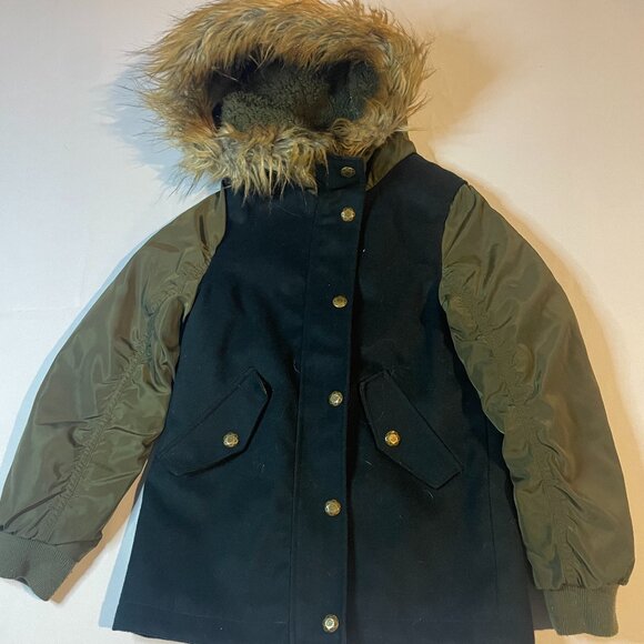 Jessica Simpson Coat Girls Small 7-8 Black Green Snap Front Faux Fur Hooded - Picture 1 of 5
